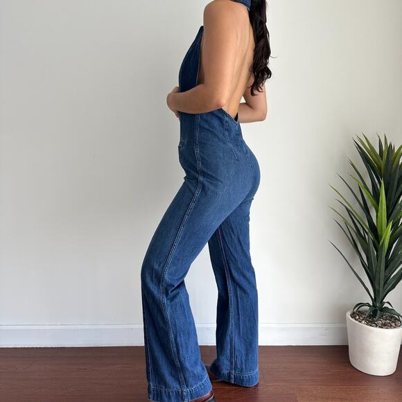 Free People Denim Jumpsuit 8 Blue Flared Halter One Piece Low Back 70s Retro - Picture 2 of 11